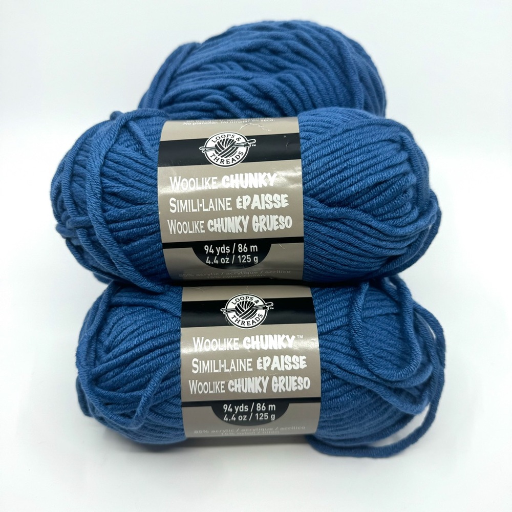 5 Skeins Loops & Threads Woolike Chunky Grueso Yarn in Denim Blue 94 yds each